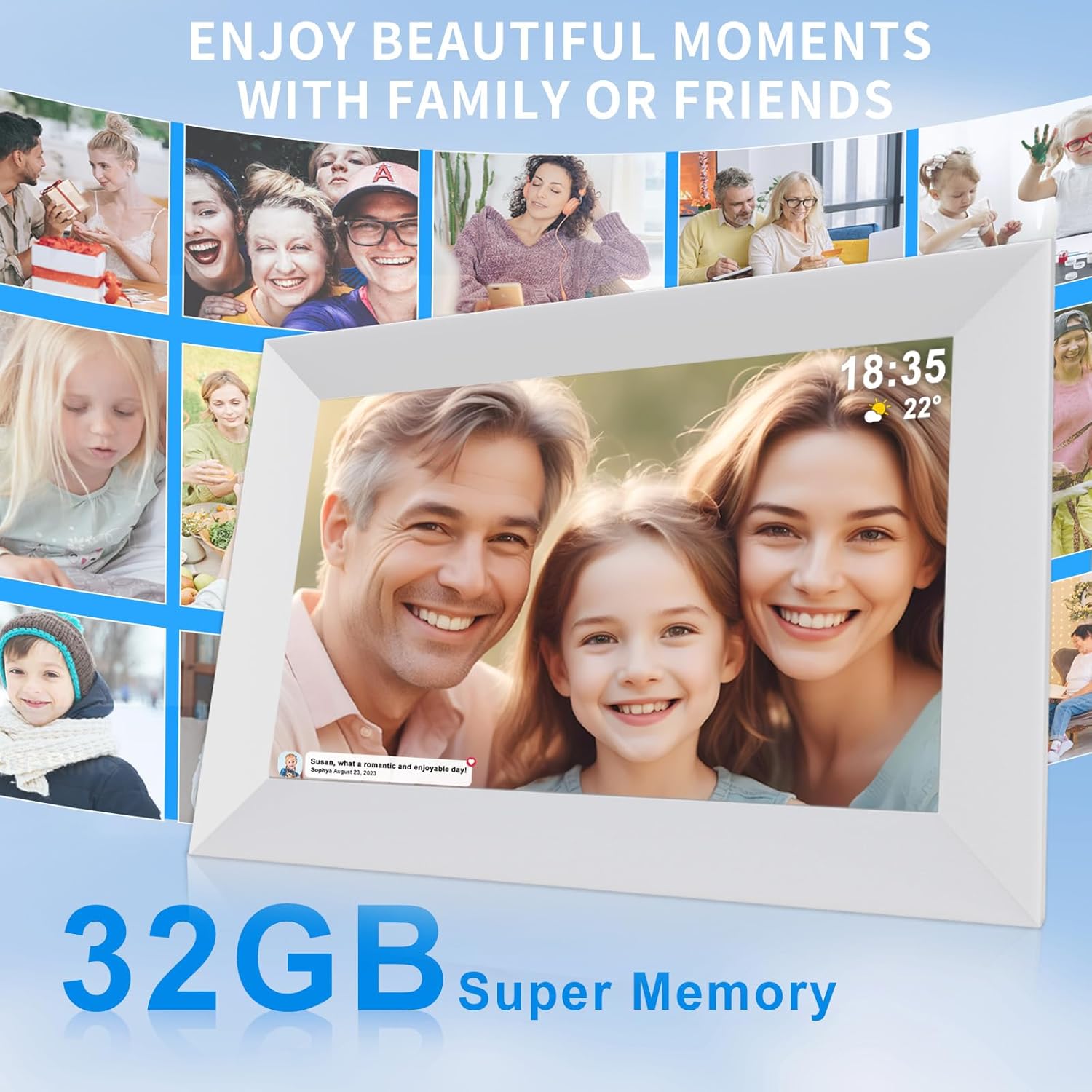 Frameo 10.1 Inch Smart WiFi Digital Photo Frame,Digital Picture Frame Wi-Fi with 32GB Storage & SD Slot, Electronic Picture Frame IPS Touch Screen with Auto-Rotate, Frameo Digital Frame WiFi -White - Image 3