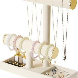 Jewelry Holder Stand,2 Tier Necklace Bracelet Organizer with Tray,Jewelry Displays for Selling Bangles Scrunchie Hair ties Watches and Chains (Beige)