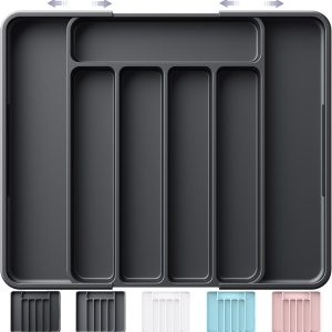 Kitsure Cutlery Drawer Organiser for Kitchen - Adjustable Cutlery Tray for Effortless Utensil Sorting, Versatile Kitchen Storage & Organisation Solution, 12.13" x 1.54" x 8.07"~13.90", Black